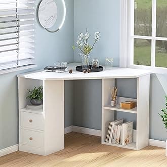MeraxCorner Computer Desk, L-Shaped Triangle Study Desk with 2 Drawers, Large Storage Space, Environmental Wood for Office or Home, PC Laptop Table, White
