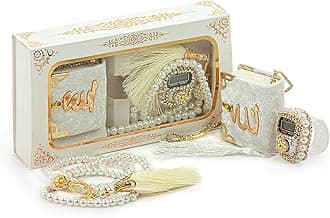 ihvan online Mini Velvet Quran Set with Islamic Finger Counter, Portable Digital Tasbeeh, Muslim Prayer Beads, Pearl Zikirmatic Beads, 3 Pieces Gift Set for Mevlüt (Cream Box)