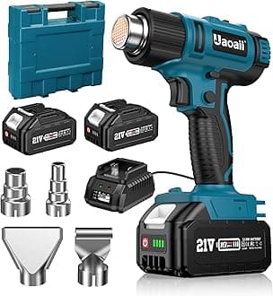 Cordless Heat Gun, Uaoaii 21V Hot Air Gun w/ 2x 4.0Ah Rechargeable Battery, 4 Nozzle, Led Light & Suitcase, 2-Temp Setting Max 1022°F(550°C) Heat Gun for Crafts, Shrink Tubing, Resin & Decorating