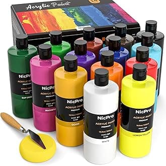 Nicpro 14 Colors Large Bulk Acrylic Paint Set (16.9 oz,500 ml) Rich Art Painting Supplies, Non Toxic for Easter Eggs Rock Canvas Wood Ceramic Leather Fabric Craft, for Adult with Color Wheel