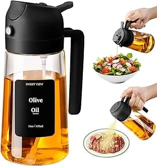 SWEET VIEW Olive Oil Spray Bottle, 470ml 2 In 1 Glass Oil Dispenser/Pour & Sprayr Bottle, Kitchen Accessories, Kitchen Gadgets for Air Fryer, Salad, BBQ with Stickers (Black)