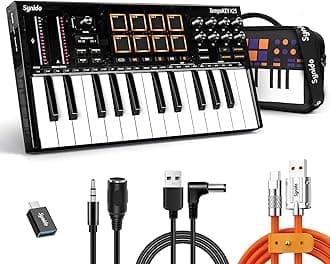 Synido 25 Key USB MIDI Keyboard Controller with 8 Drum Pads, Professional Mini Midi Keyboard with OLED Screen, Beat Maker Machine for Music Production, Black, TempoKey K25