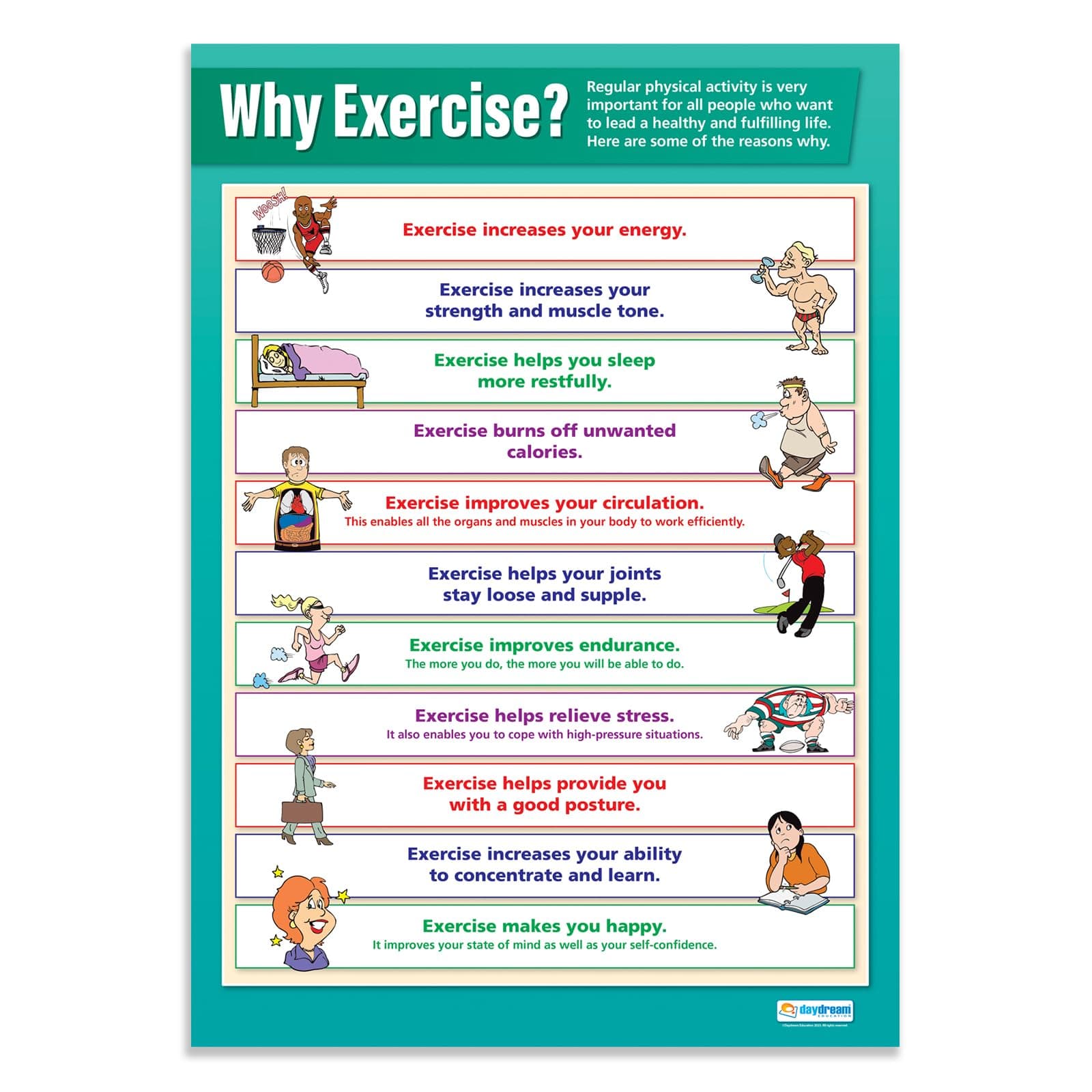 Daydream Education Why Exercise? Classroom Poster - Laminated - EXTRA LARGE 33” x 23.5” - Physical Education School Class Decoration - Wall Charts