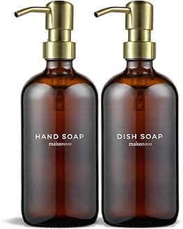 MaisoNovo Hand and Dish Soap Dispenser Kitchen Set - 500 ml Amber Glass Soap Dispenser Bottle with Pump Golden x 2, Waterproof Labels