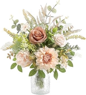 Serra Flora Faux Flowers with Vase,Artificial Silk Roses in Vase,Table Centerpieces for Dining Room, Silk Flower Arrangements for Home, Living Room Bathroom Plant Decor, Centerpiece Table Decorations