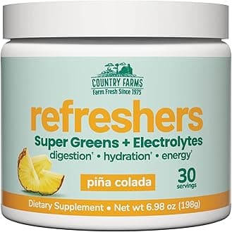 Country Farms Refreshers, Super Greens and Electrolytes, Essential Minerals and Superfoods, Hydration Support, Promotes Natural Energy, with Fiber, Piña Colada, 30 Servings