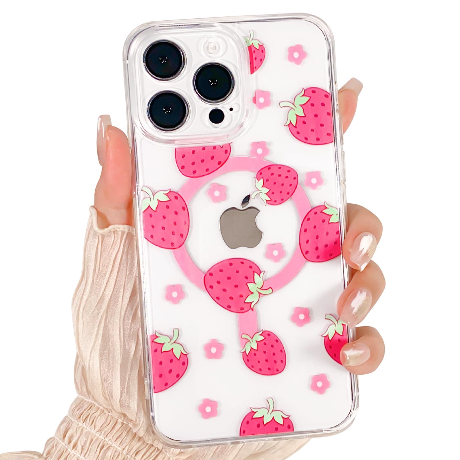 Lovmooful Compatible for iPhone 13 Pro Max Case Compatible for MagSafe Cute Clear Flower Floral Strawberry for Girls Women Soft TPU+PC Shockproof Protective Girly for iPhone 13 Pro Max-Red Strawberry