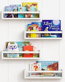 Forbena Floating Nursery Book Shelves for Wall Set of 4, White Wall Bookshelf for Kids Room, Small Wood Book Shelf Bookshelves for Baby Teen Boys Girls Bedoom Bathroom Toy and Decor Storage