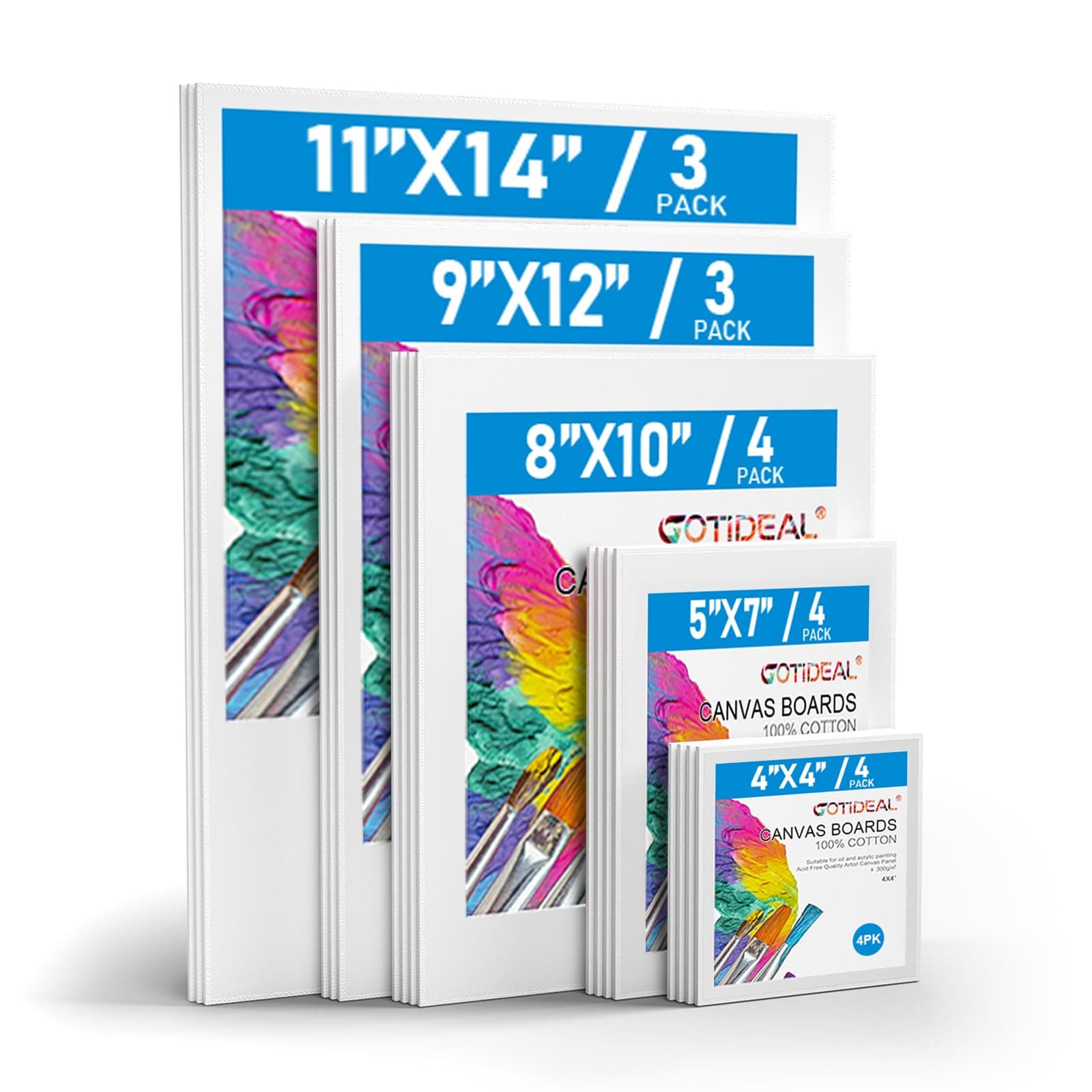 GOTIDEAL Canvas for Painting -18 Pack, Multi Pack 4x4, 5x7, 8x10, 9x12,11x14 Canvas Boards for Painting, Primed White Blank Artist Canvas Variety Pack for Acrylic, Oil Paint, Watercolor, Gouache