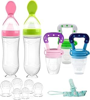 Food Feeder Baby Fruit Feeder Pacifier (3 Pcs) with 6 Different Sized Silicone Pacifiers,Silicone Baby Food Dispensing Spoon 90ML with 2 Babies Spoons Pacifier Clip Infant Fruit Teething Feeders-Pink