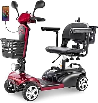4 Wheels Eldryvon EV02 Electric Mobility Scooter for Seniors & Adult, 300Lbs All Terrain, Foldable Powered Wheelchair Device with Dual Basket, Rotating Seat (Red, EV02-A with Mirror)