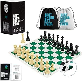 Best Chess Set Ever Tournament Chess Set, 4X Quadruple Weighted Staunton Pieces, with 20 in x 20 in Foldable Double-Sided Silicone Board, XL Super Heavyweight Edition