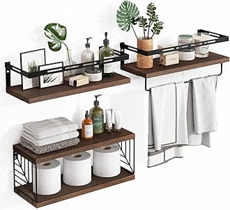 Fixwal 3+1 Tier Wall Mounted Bathroom Shelves Over Toilet, Rustic Wood Floating Shelves with Metal Frame and Towel Bar for Bathroom, Kitchen, Bedroom, Living Room (Dark Brown)