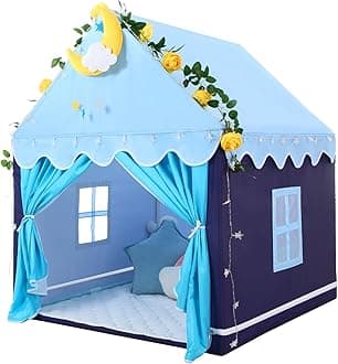 Kid Tent with Mat, Star Lights - Kids Play Tents for Toddlers Kids Tents Indoor Playhouse - Princess Tent for Girls Toy House Gift (Blue with Cloth)
