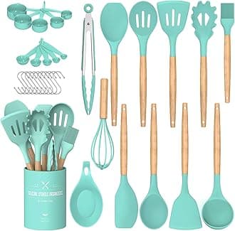 Umite ChefKitchen Utensils Set, Non-Stick Silicone Kitchen Utensils, Spatula Set with Holder, Wooden Handle, Heat Resistant Silicone, 24 Pieces, Green