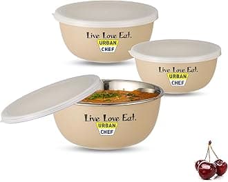 - URBAN CHEF Mixing Bowl Set of 3 Stainless Steel (500ml, 800ml,1250ml) | Microwave Safe & Dishwasher Safe | Bowl Set with Lid for Gift | Bowls for Snacks | Serving Bowls Kitchen Accessories -Cream