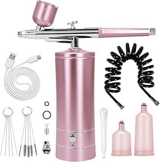 Airbrush Kit Air Brush Kit With Air Compressor Nail Charms Wireless Air Brush for Barber, Nail Art, Cake Decor, Makeup, Model Painting (Pink - with extension tube)