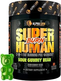 Superhuman Burn, 2 in 1 Metabolism Booster Pre Workout and Men's Thermogenic Fat Burner, Sour Gummy Bear (Hulk Juice), Package Varies