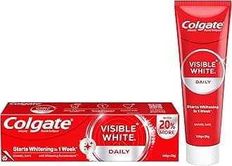 Colgate Visible White Toothpaste, Teeth Whitening Starts in 1 week, Safe on Enamel, Stain Removal Tooth Paste and Minty Flavour for Fresh Breath (100g + 20g)
