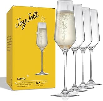 JoyJolt Champagne Flutes – Layla Collection Crystal Champagne Glasses Set of 4 – 6.7 Ounce Capacity – Ideal for Home Bar, Special Occasions – Made in Europe