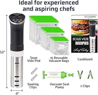 SOUSVIDE ART Sous Vide Cooker Kit - 1000W Immersion Circulator - 15 Vacuum Ba...