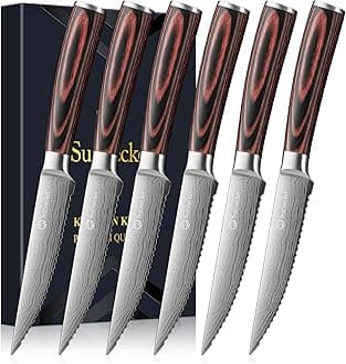 Sunnecko Steak Knives Set of 6,Premium Stainless Steel Serrated Steak Knife Set,Pakkawood Handle 4.5 Inch Kitchen Steak Knife with Gift Box