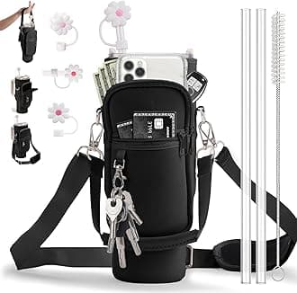 Water Bottle Carrier Bag with Phone Pocket for Stanley 40 oz Tumbler Neoprene Water Bottle Sling Sleeve Holder for Stanley Cup Accessories with 1 Straw Cover & 2 Straws & 1 Brushes (Black)
