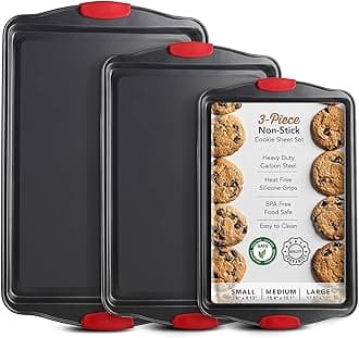 Baking Sheet Set, 3-Piece Cookie Sheet Set with Silicone Handles, Steel Baking Pans Set, Durable Baking Sheets for Oven, BPA Free Cookie Sheets for Baking Nonstick Set, Sheet Pan - Black Baking Pan