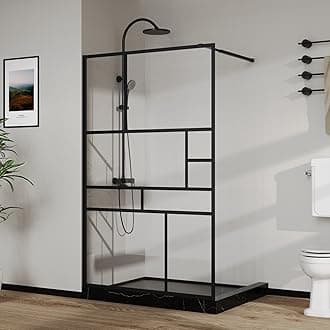 Goodyo 46 in. W x 72 in. H Bathroom Shower Glass Door Framed Tempered Clear Glass Shower Screen Panel for Walk-in Bathroom, Multiple Grid Pattern, 3-Pieces Glass, Matte Black