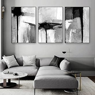 Black White Abstract Art Canvas Paintings - Grey Neutral Wall Art for Living Room - Modern Pictures 16x24inx3 No Frame
