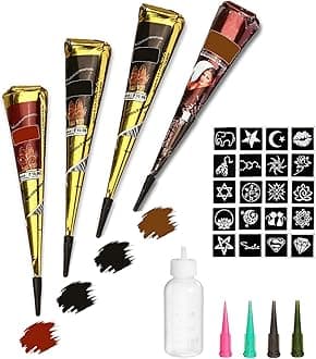 Tattoo Paste Cones, 4Pcs Semi Permanent Temporary Tattoos Kit, India Body DIY Art Painting for Women Men Teen, Summer Trend Freehand Paste with 3 Colors, 20 Adhesive Stencil, 1 Bottle, 4 Nozzles