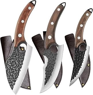 Handmade Forged Kitchen Knife 3 Pcs Professional Chef Knife Set, Hunting, BBQ Meat Knives for Cooking, Forged Kitchen Knife with High Carbon Stainless Steel Cutlery With Leather Sheaths