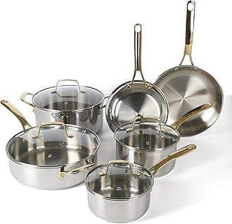 Castelle 10 Piece Stainless Steel Induction Safe Pots and Pans Non-Toxic Kitchen Cookware Set - Gold Handles