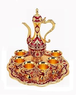 Vintage Turkish Coffee Pot Cups Set with Tray and 6 Cups Exquisite Wine Pot Set Decorative Tea Service Set for Home Party Decor (Red)