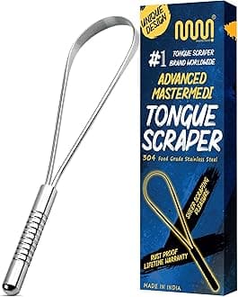 Mastermedi Tongue Scraper Bad Breath Treatment for Adults & Kids, Food Grade 100% Stainless Steel Tongue Scrapers for Oral Care