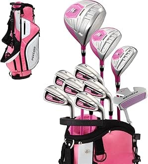 M5 Womens Golf Clubs Full Set, Titanium Driver, S.S. Fairway, S.S. Hybrid, S.S. 5-PW Irons, Putter, Stand Bag, 3 H/C's, Golf Clubs Women Right Handed, Pink