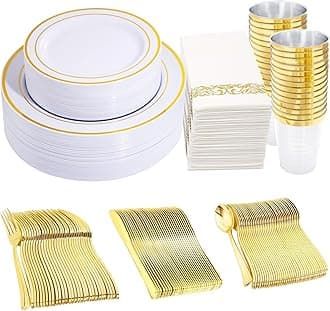 125 Piece Black Plastic Plates with Gold Rim & Disposable Gold Plastic Silverware - Premium Heavyweight Plastic Tableware for Wedding &Parties 350Pieces Gold Dinnerware Set Gold