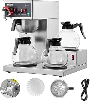 VEVOR 12 Cup Commercial Drip Coffee Maker with 3 Glass Jars 1.8 L and 3 Heating Plates Stainless Steel Coffee Maker for Restaurant, Office, Cafe, 405 x 405 x 460 mm