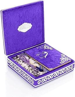 ihvan online Luxury Islamic Prayer Velvet Covered Gift Box, Deluxe 4 Piece Set with Elegant Velvet Covered Quran & Prayer Beads Tesbih & Prayer Rug, Ramadan & Eid Gift, Purple