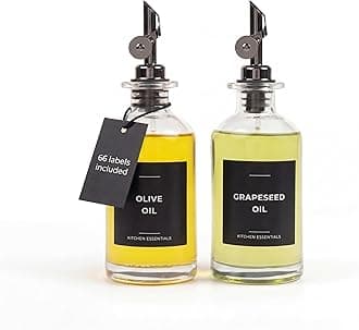 Oil Dispenser for Kitchen - Glass Olive Oil Bottle Set of 2 (11.8oz) with Black Weighted Self-Closing Pourer - Cooking Oil Dispenser with 66 Labels, Aligner & Funnel
