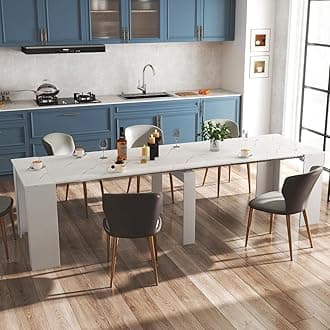 DMAITH 20"-118" White Marble Extendable Dining Table for 2-12 People, Modern Modular Extension Table, Space-Saving Extra Long Folding Dining Table, Multifunctional Conference Meeting Table