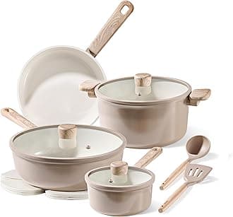 12Pcs Ceramic Pots and Pans Set Non Stick, Healthy Cookware Set, PFAS/PFOA Free, Kitchen Cooking Set with Frying Pans, Taupe
