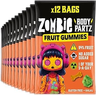 – Zombie No Added Sugar Sweets, Fruit Gummies (12 Bags), 94% Fruit, Vegan, Healthy Snacks for Adults, Kids, Low Calorie, Gluten Free, Halal, Bulk, Jelly, Tub, Vegetarian, Party Bags, Gummy, Multipack