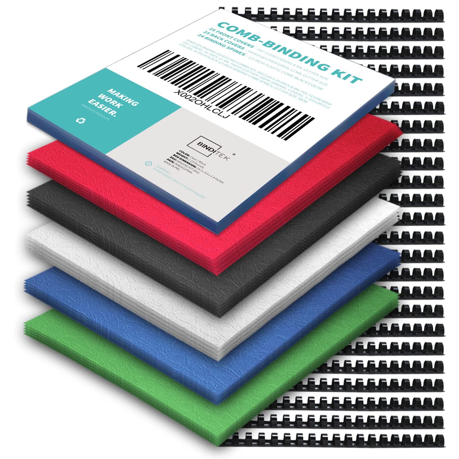 Binditek 74 Pack Binding Covers and Combs kit, Includes 25 Pcs 8Mil Clear PVC, 24 Pcs 1/2" Binding Combs, 25 Color Paper Covers, for 8.5 x 11 Inch