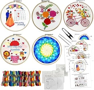 Embroiderymaterial Combo of 5 Embroidery Kit for Beginners and Adults - Stitch and Cross Stitch Kit - DIY Art and Craft Kit with Embroidery Cloth, Hoops & Materials - Perfect Stitching and Fabric kit