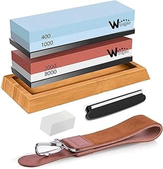 Knife Sharpening Stone Kit - 400/1000 3000/8000 Grit Japanese Whetstone Sharpener Set with Non-Slip Rubber Base Angle Guide Flattening Stone and Leather Strop