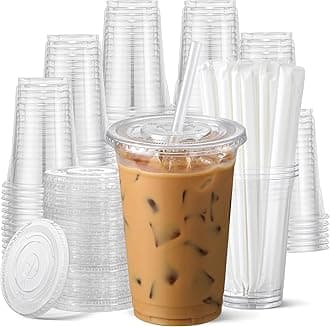 100 Pack - 24 oz Clear Plastic Cups with Lids and Straws, Food Safe Disposable Iced Coffee Cups for Cold Beverages, Smoothies, Iced Coffee, Leak-Proof, BPA-Free