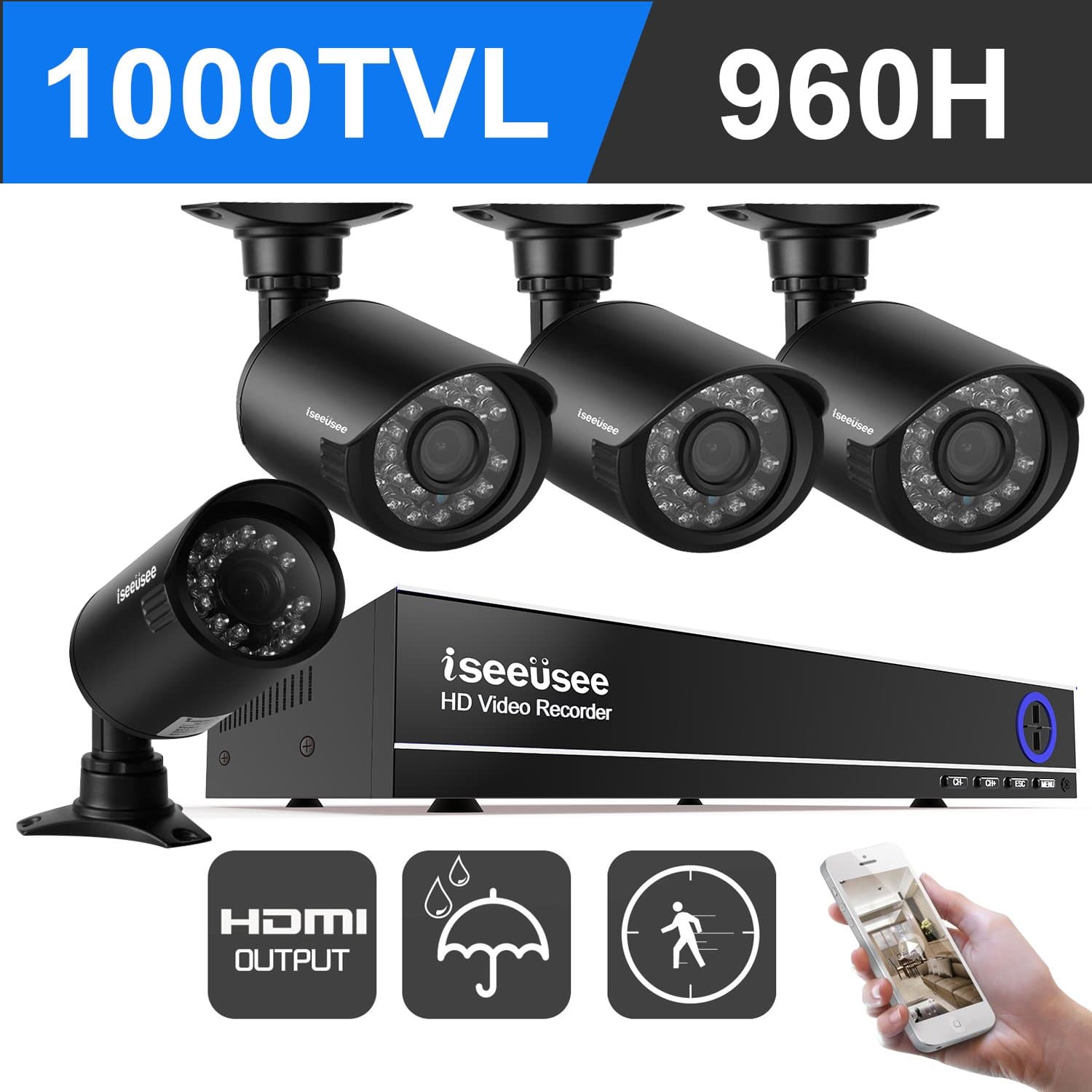 960H 4 Channel Dvr Security Camera System with 960H DVR Recorder,720P Night Vision Outdoor Weatherproof CCTV Surveillance Camera, NO Hard Drive