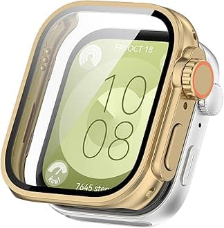 SKEIDO Full Coverage Case with Screen Protector Compatible with Huawei Watch Fit 3 / PC and Tempered Glass Protective Case Cover Smart Watch Accessories (Gold)