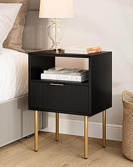 Masupu Nightstand,Mid-Century Modern Bedside Table with Storage Drawer and Open Wood Shelf,Small Gold Frame Side Table for Bedroom,Living Room,Black